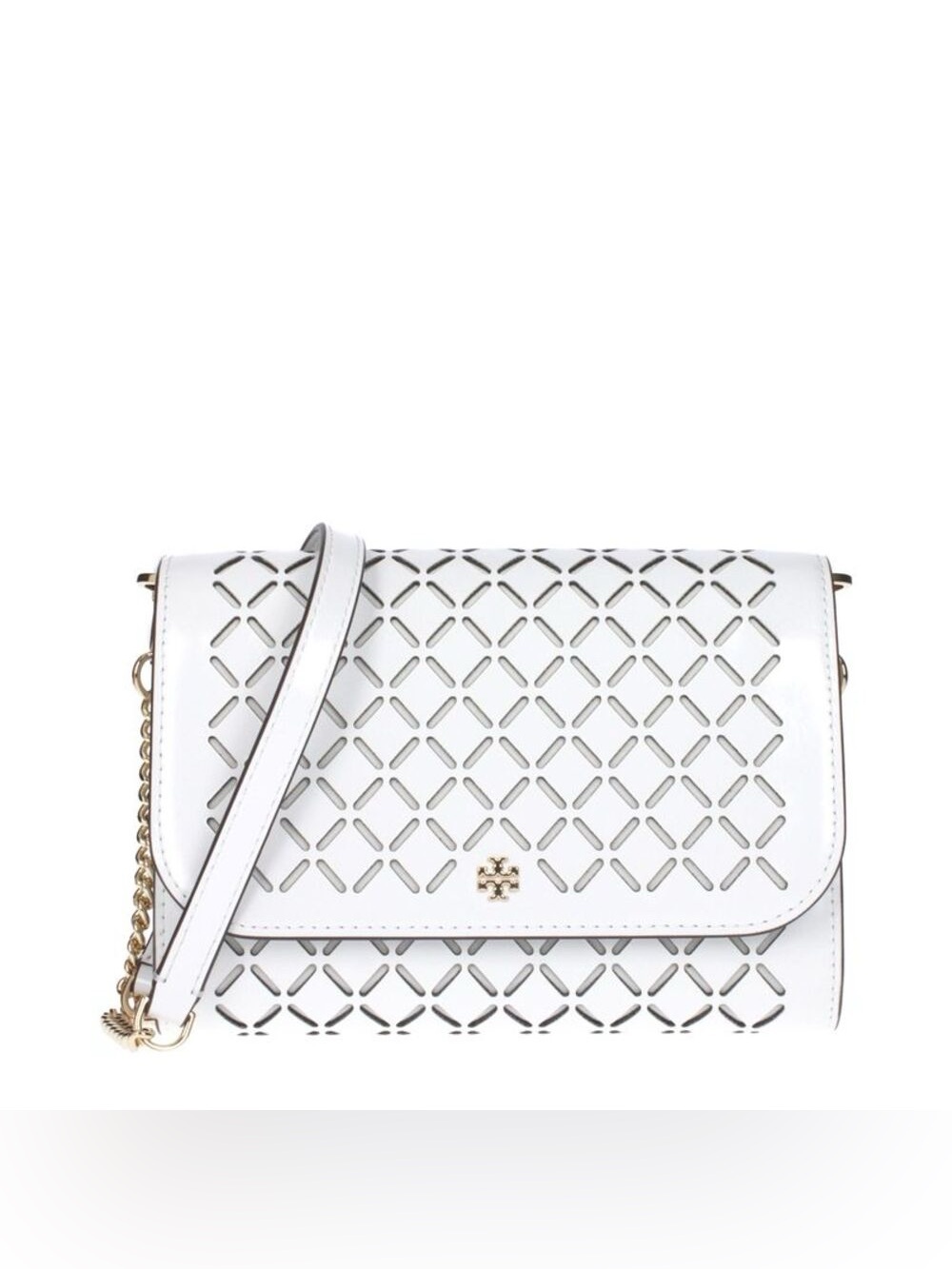 Tory Burch White Laser-Cut Leather Crossbody with Gold Chain